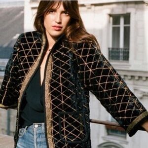 Rouje Black Velvet Quilted Jacket with Gold Trim